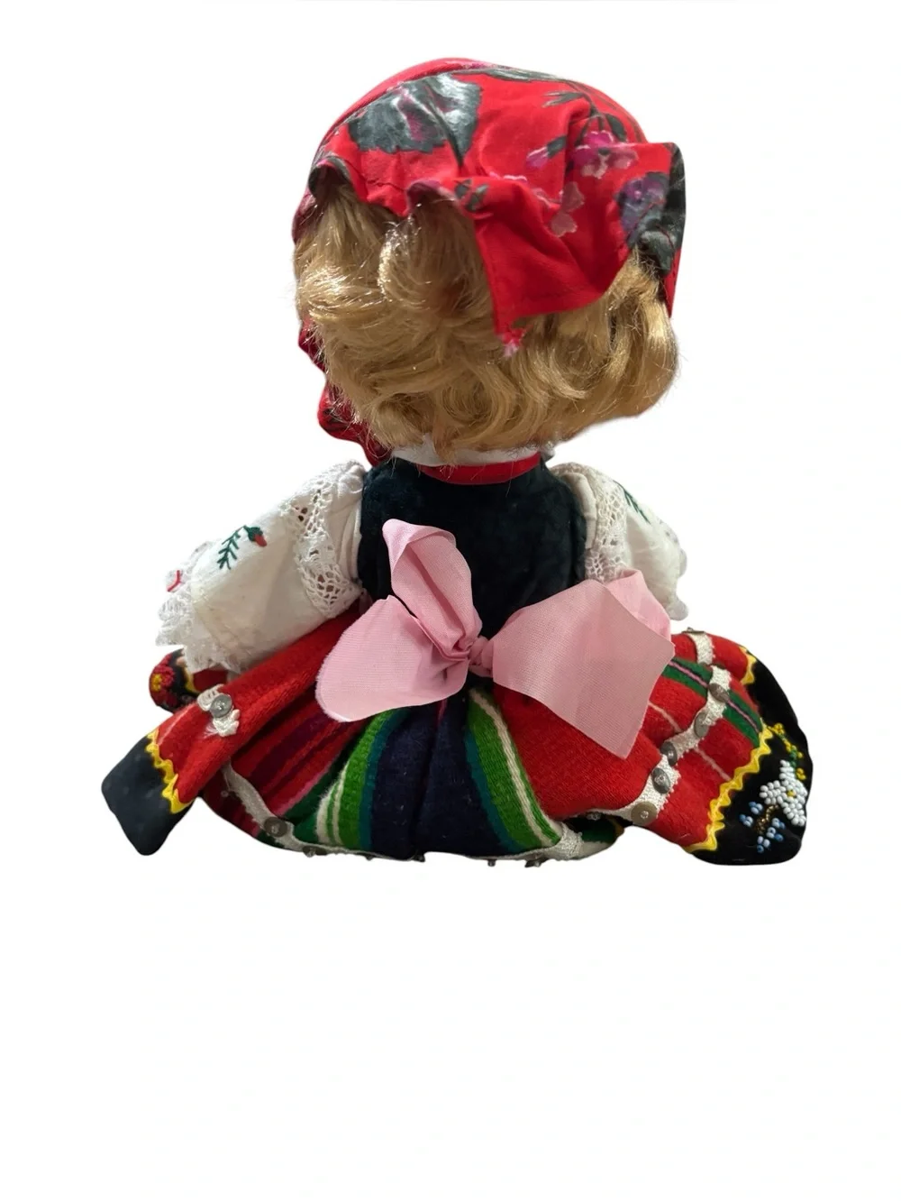 Vintage Polish Doll in Red Floral Headscarf and Colorful Folk Dress